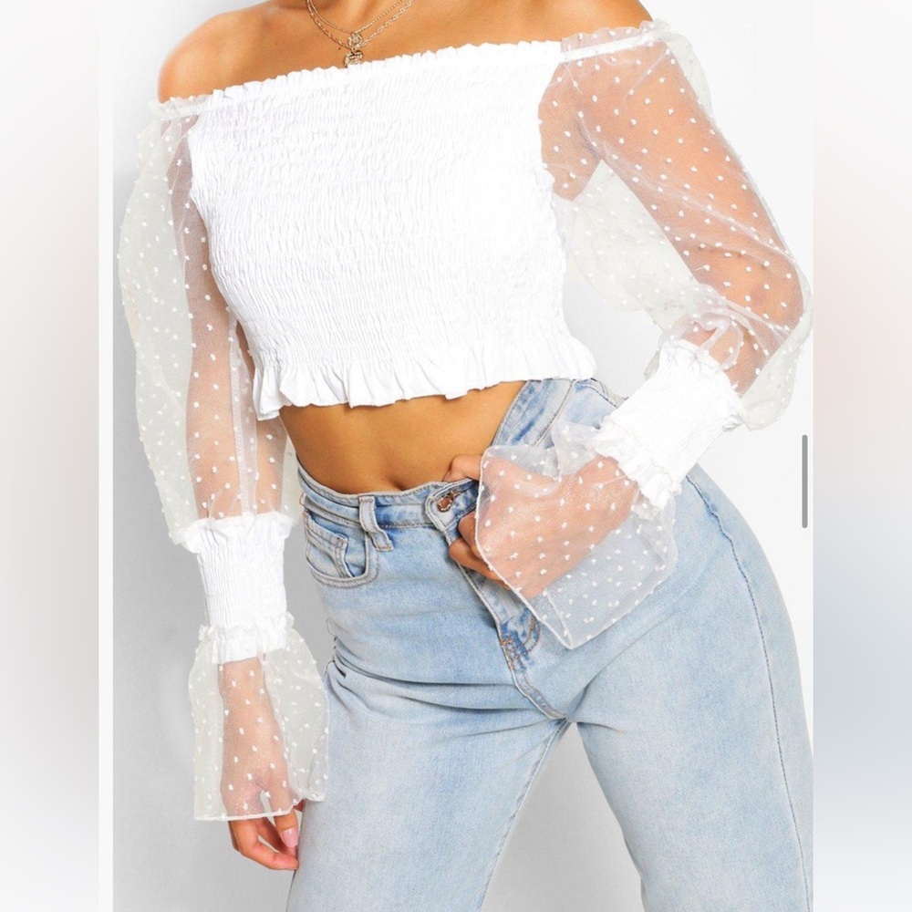 Boohoo White Off-Shoulder Top with Sheer Polka Dot Sleeves